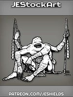 Four Armed Monster Warrior With Segmented Club Staff Sits On The Ground by Jeshields