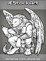 Seated Humanoid Lion Scholar With Wings Reading Books by Jeshields