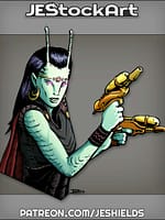 Pulp Alien Female Adventurer With Pistols And Antennae by Jeshields