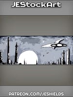 Space Craft Riding Into SciFi Cityscape Sunset by Jeshields