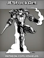 Tuxedo Themed Power Armor In Flight With Smoking Gun by Jeshields