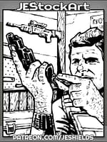 Man In Flak Jacket Loads Magazine Into Pistol In Weapons Locker by Jeshields