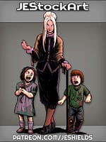 Motherly Figure With Cane Leading Monster Children by Jeshields