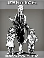 Motherly Figure With Cane Leading Monster Children by Jeshields