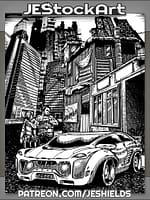 Guards Protect Sports Car in Cyberpunk Slums by Jeshields
