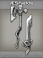 Carved Skull Ax and Wooden Sword by Jeshields