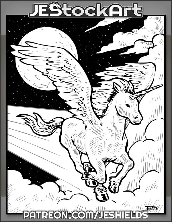 Alicorn Flying Through Cloudy Night Sky by Jeshields