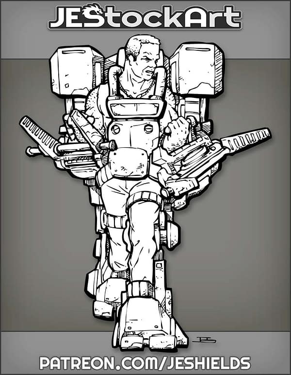 Older Fit Man In Exoskeleton With Dual Vises by Jeshields