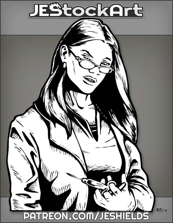 Sinister Woman In Glasses And Lab Coat With Needle by Jeshields