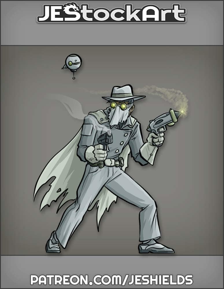 Masked Retro Vigilante with Floating Droid and Pistols by Jeshields