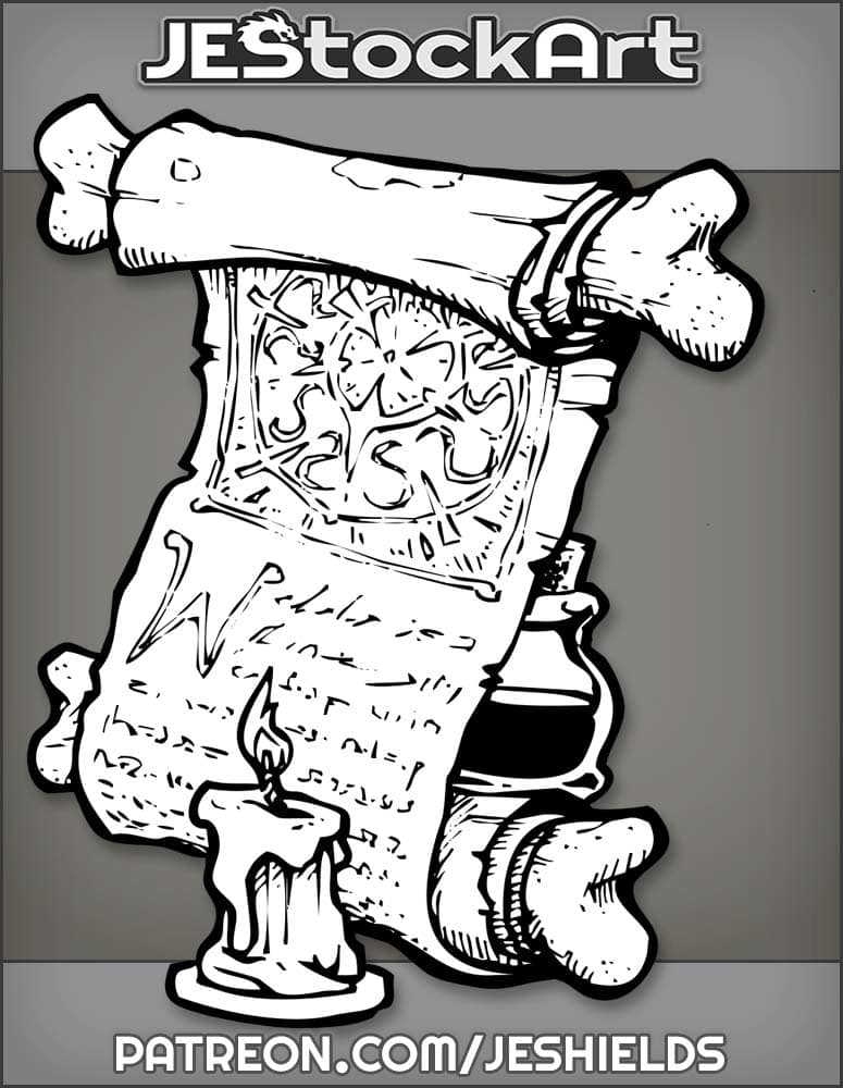 Arcane Scroll With Runes Wound Around Bones With Candle And Jar by Jeshields