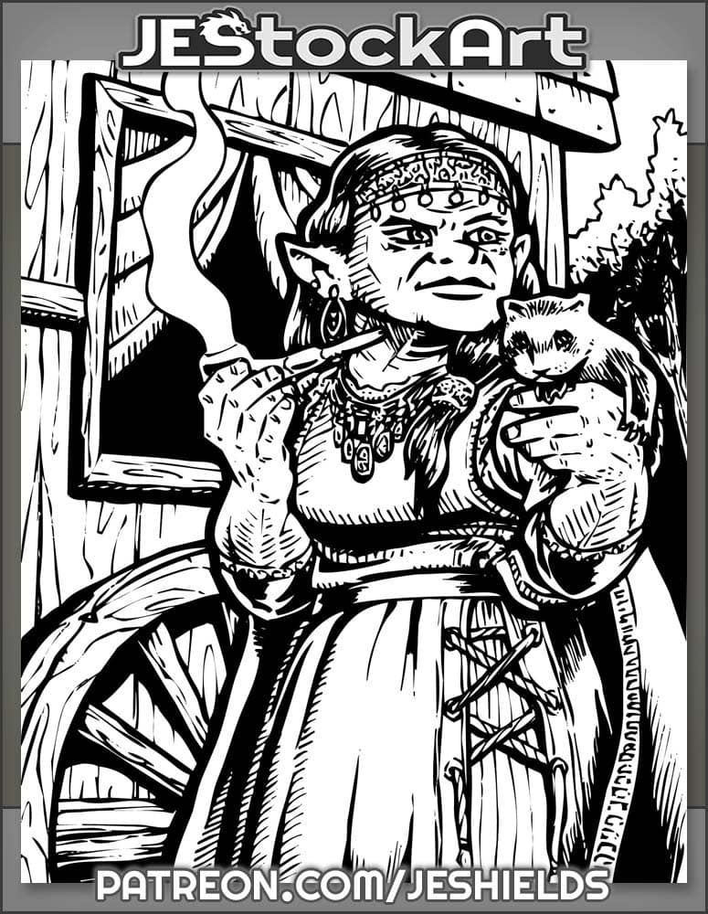 Elder Gnome Gypsy Woman With Pet By Cart by Jeshields