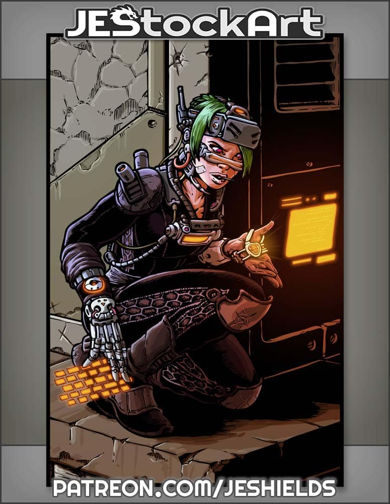 Cyber Hacker With Digital Display On Building Corner Ledge by Jeshields