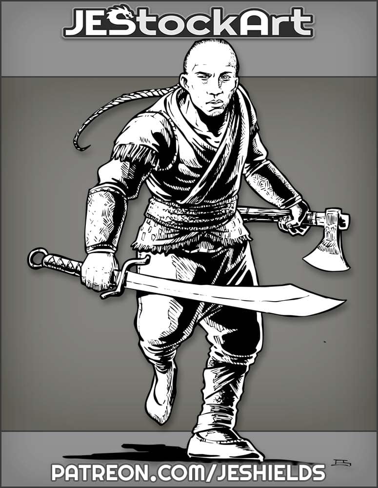 Balding Asian With Ponytail Wielding Ax And Sword by Jeshields