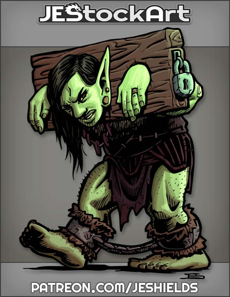 Female Goblin Captive In Stocks And Leg Chains by Jeshields