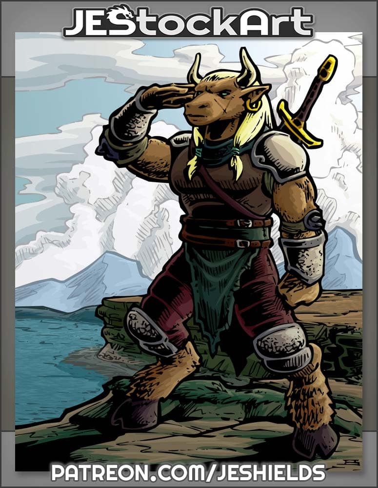 Female Minotaur Warrior Surveys Land On Waterfront Butte by Jeshields
