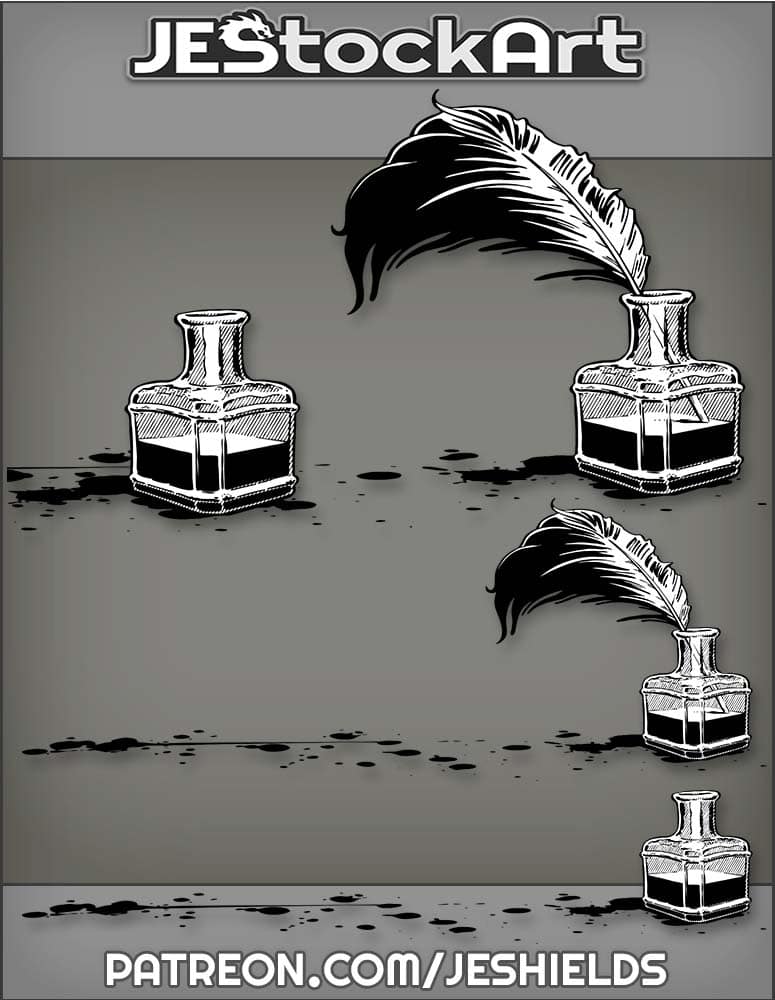 Heavily Plumed Feathered Quill and Glass Inkwell With Spilled Ink by Jeshields