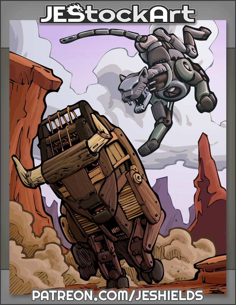 Mechanical Cougar Attacking Wooden Loom Bison by Jeshields