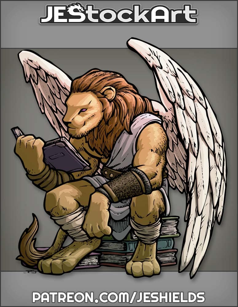 Seated Humanoid Lion Scholar With Wings Reading Books by Jeshields