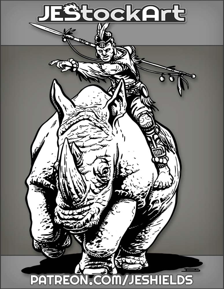 Tribal Wizard With Staff Riding Rhinoceros Mount by Jeshields