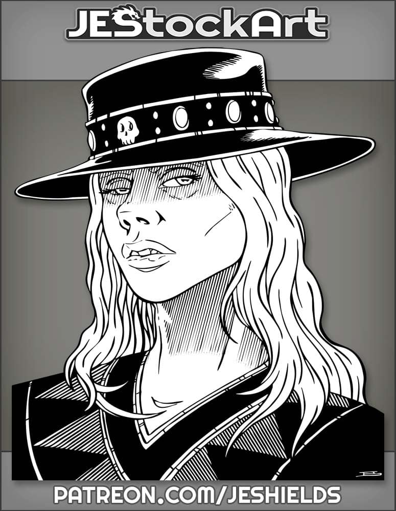 Wavy Haired Beautiful Woman In Skull Banded Cowboy by Jeshields