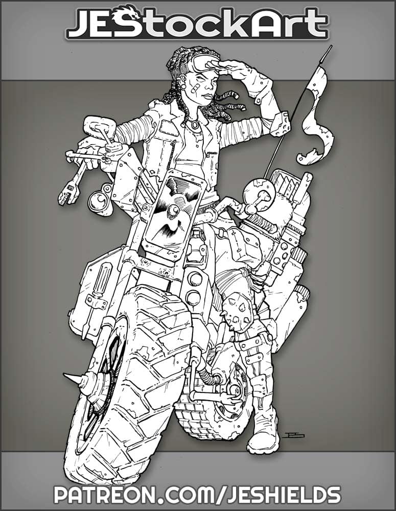 Female Mechanic On Motorcycle Looking In The Distance by Jeshields