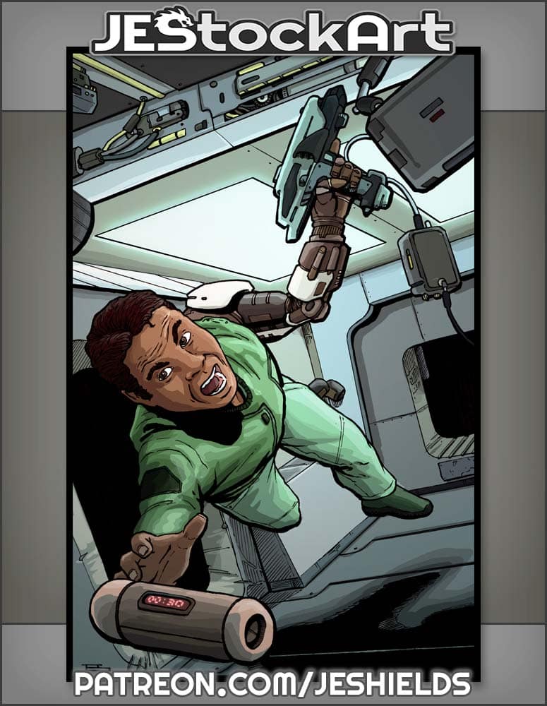 Adventurer With Cyber Arm In Zero Gravity by Jeshields