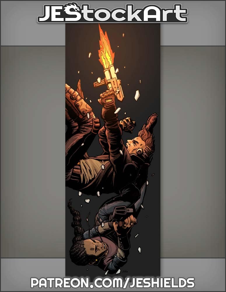 Falling Gunfight With Shattered Glass On Black by Jeshields