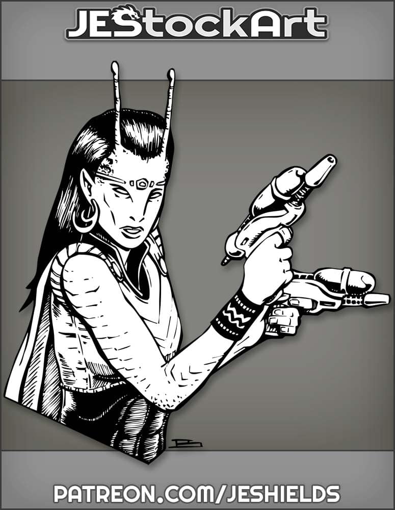 Pulp Alien Female Adventurer With Pistols And Antennae by Jeshields