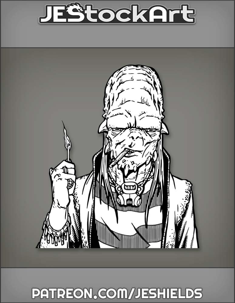 Unamused Alien With Horned Sideburns And Long Mullet Hair Holding Match by Jeshields