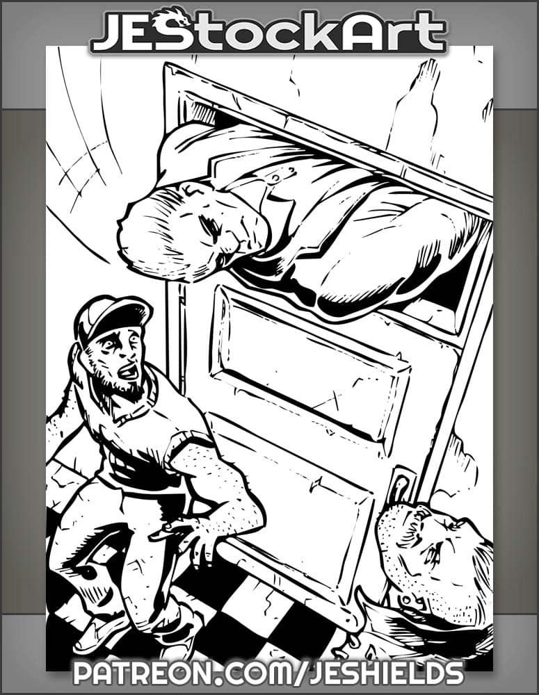 Man In Suit Escapes Two Thugs Through Window Above Door by Jeshields