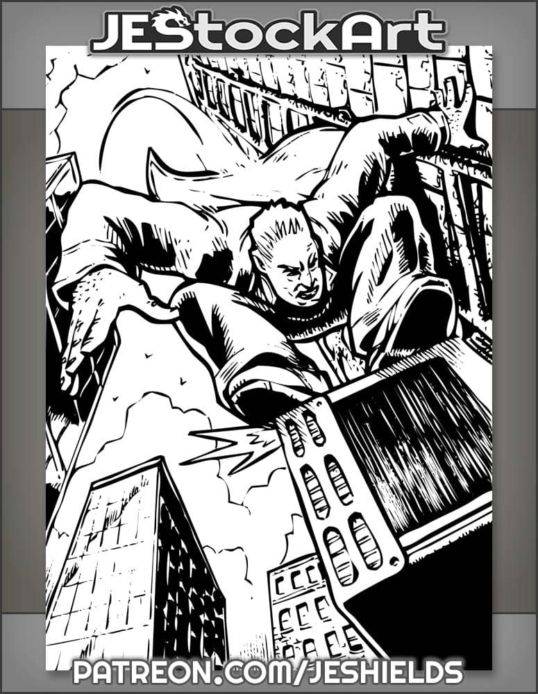 Man In Suit Leaps Down Onto Exterior Air Conditioning Unit Near Ladder by Jeshields