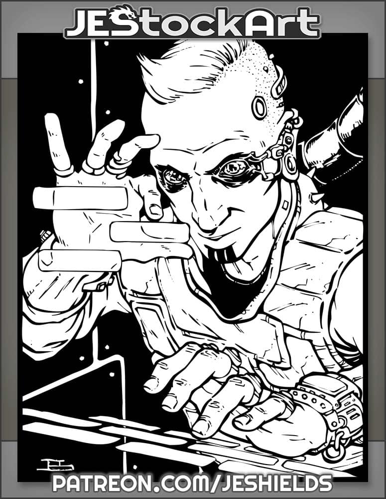 Cyberpunk Hacker With Dark Eyes Using Digital Screen And Keyboard by Jeshields