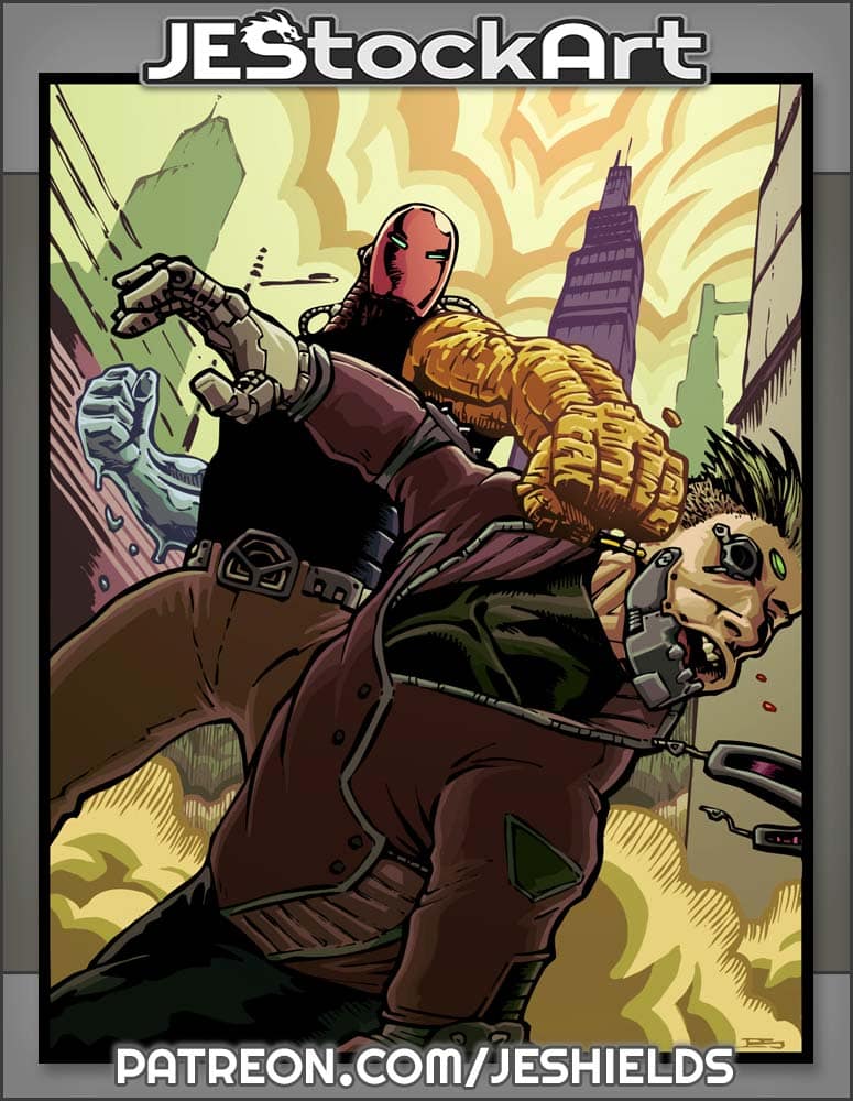 Nature Powered Cyberpunk Vigilante Punches Cybernetic Foe In City Streets by Jeshields