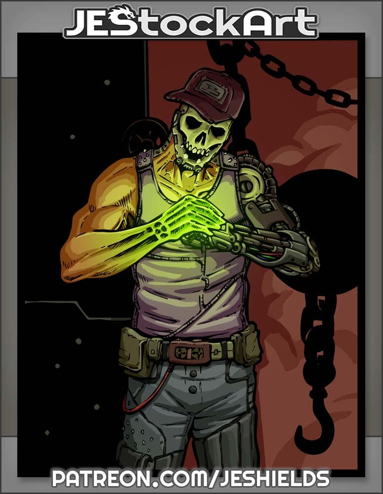 Skull Faced Gang Banger With Cybernetic Arm And Powered Fist Near Chains by Jeshields