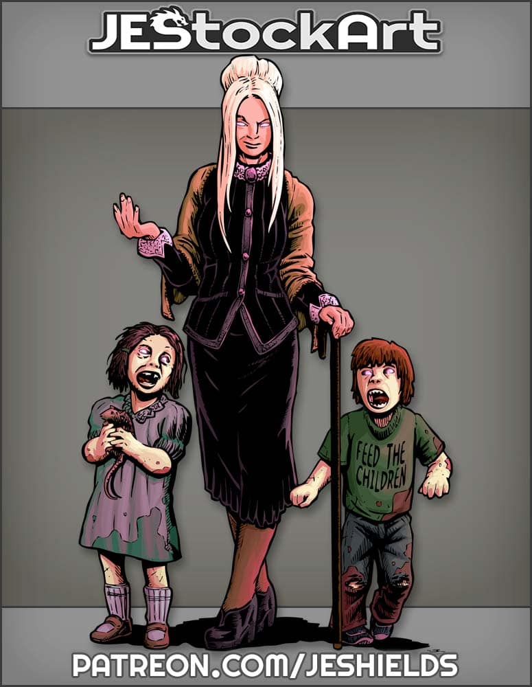 Motherly Figure With Cane Leading Monster Children by Jeshields
