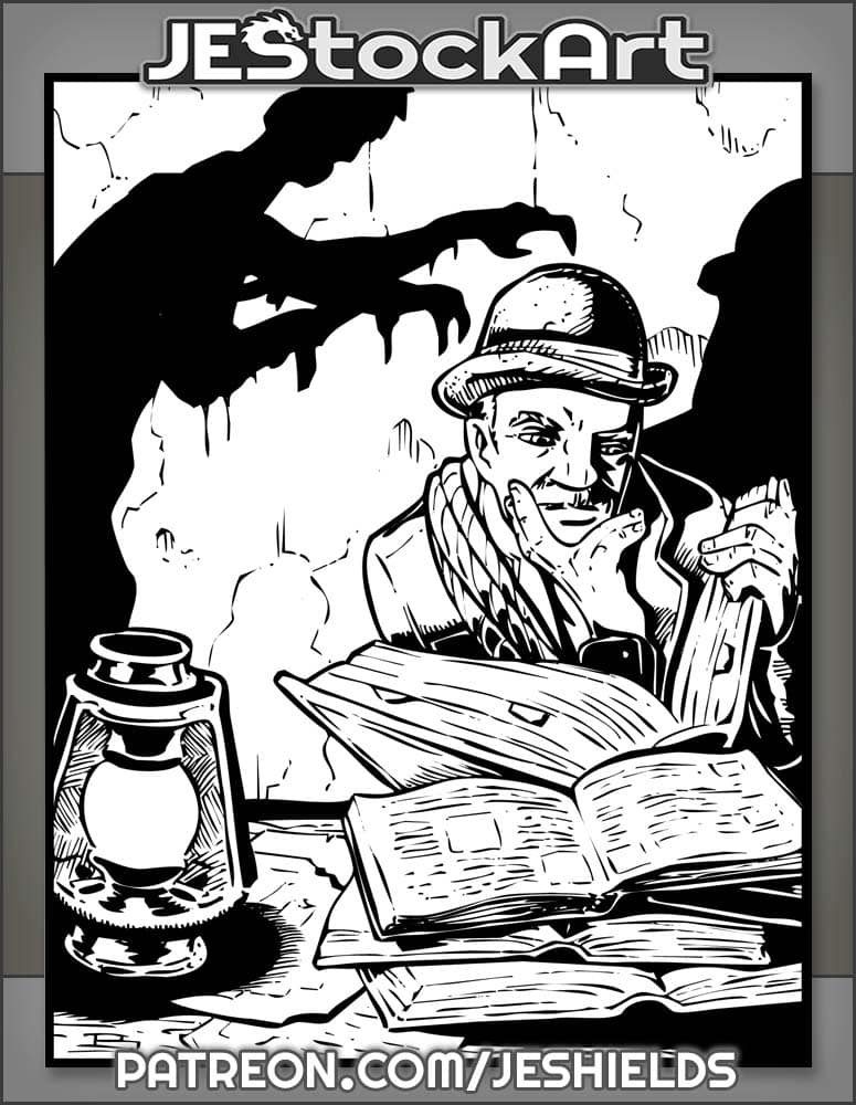 Archaeologist Pouring Over Tomes While Shadow Looms by Jeshields