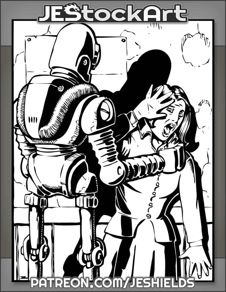 Humanoid Robot Cornering Frightened Woman by Jeshields