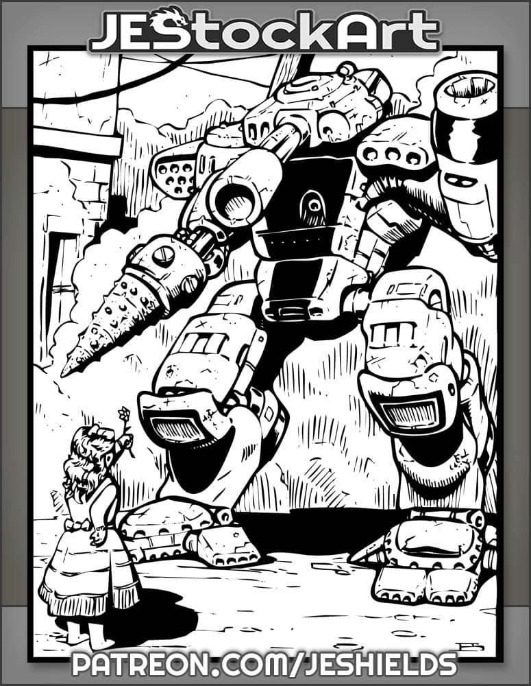 Young Girl In Dress Offers Flower To Tank Mech by Jeshields