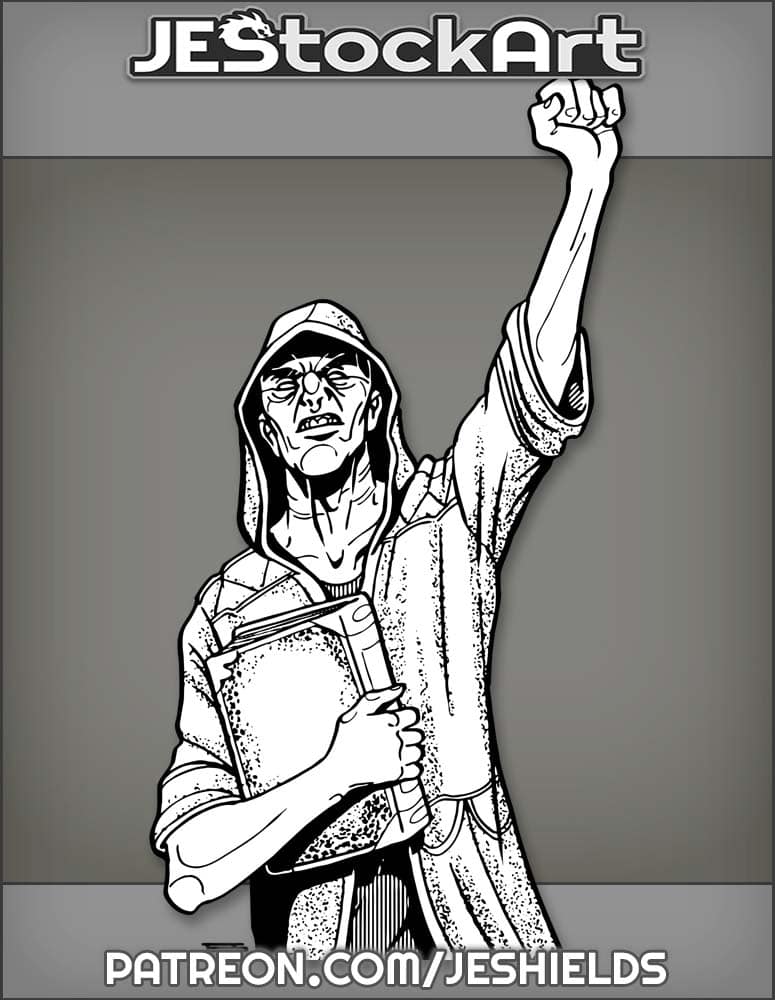 ThinHoodedManWithTomeAndRaisedArm by Jeshields