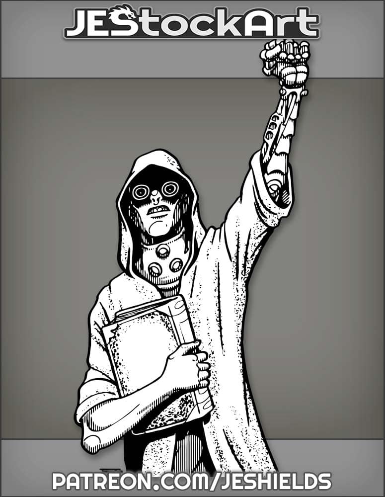 ThinHoodedManWithGlowingEyesAndRaisedCyberneticArm by Jeshields