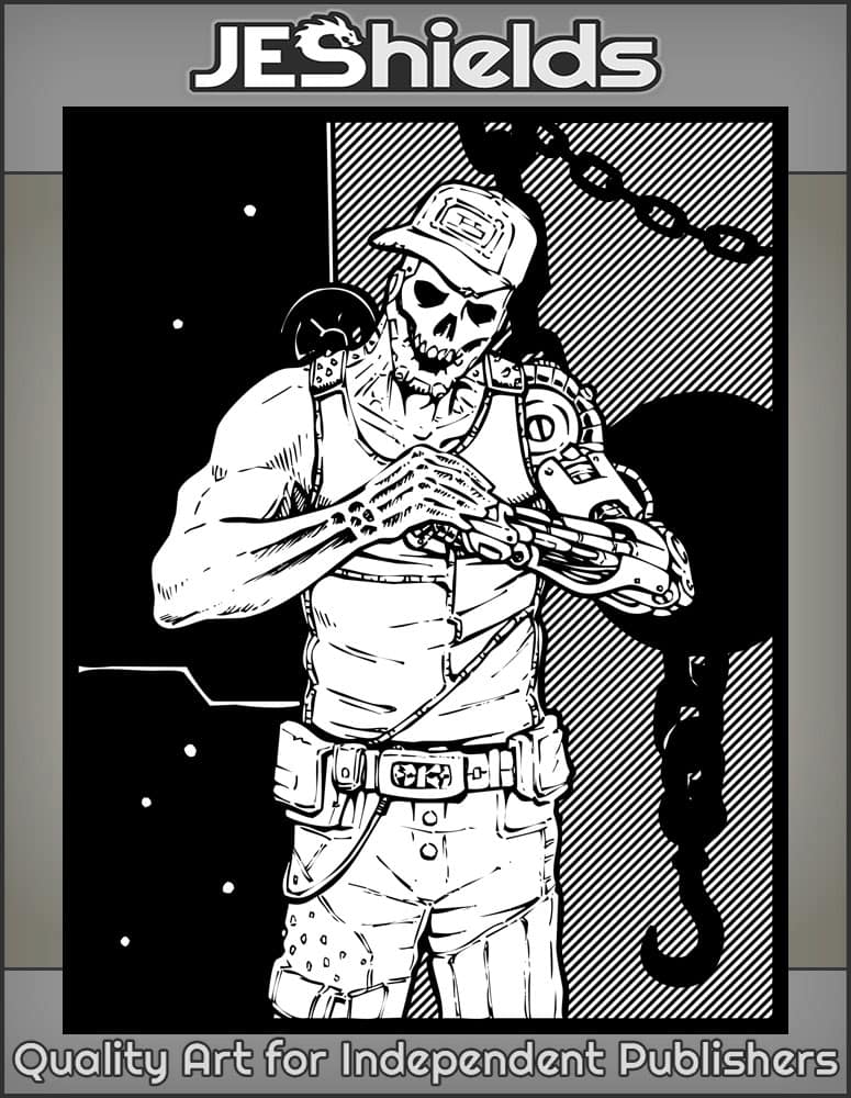 SkullFacedGangBangerWithCyberneticArmAndPoweredFistNearChains by Jeshields