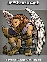 Seated Humanoid Lion Scholar With Wings Reading Books by Jeshields