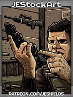 Man In Flak Jacket Loads Magazine Into Pistol In Weapons Locker by Jeshields