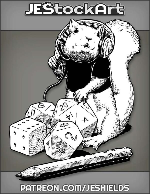 Squirrel With Headphones And RPG Dice Black Shirt by Jeshields