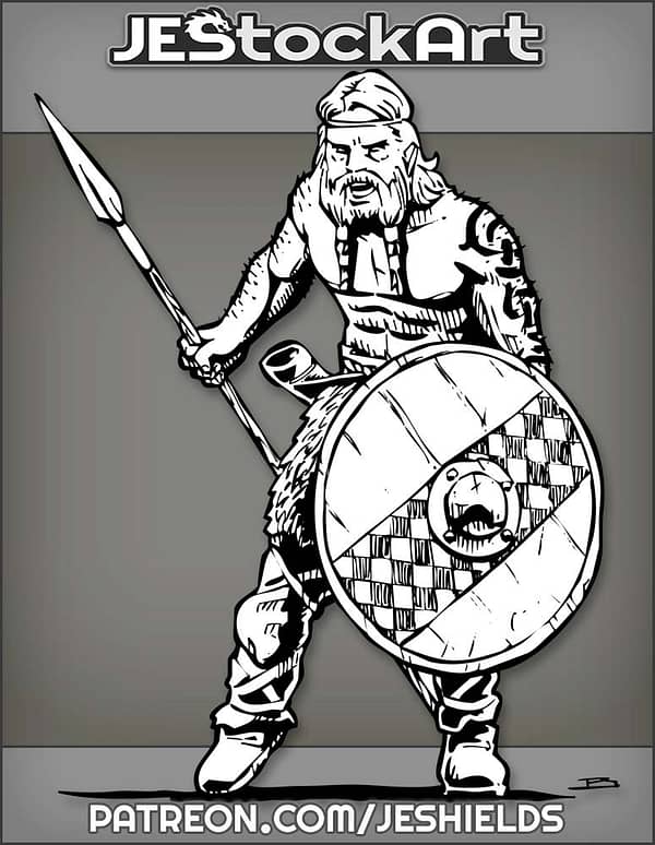 Celtic Warrior With Braided Beard Wields Shield And Spear by Jeshields