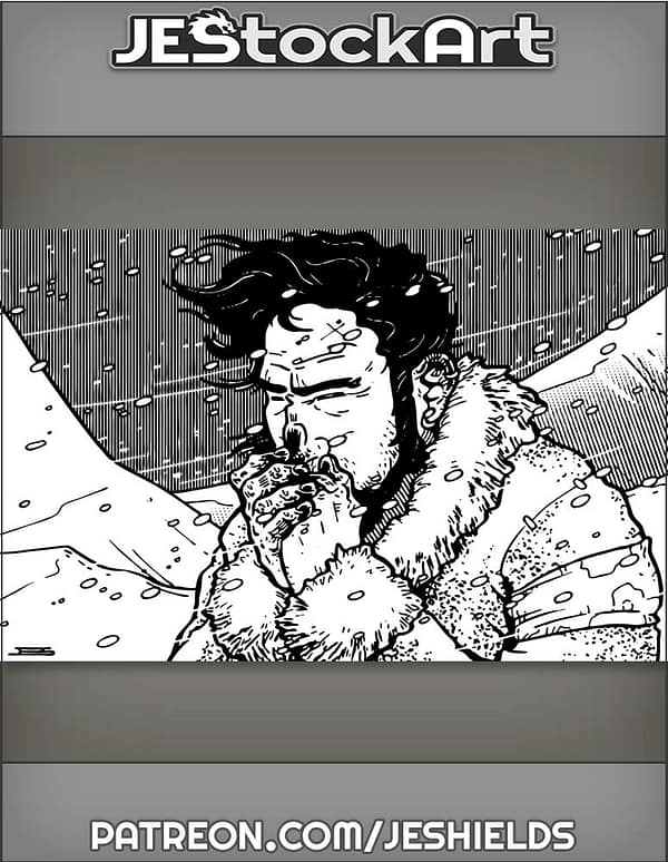 Dark Haired Man In Fur Coat With Frostbite In Blizzard by Jeshields