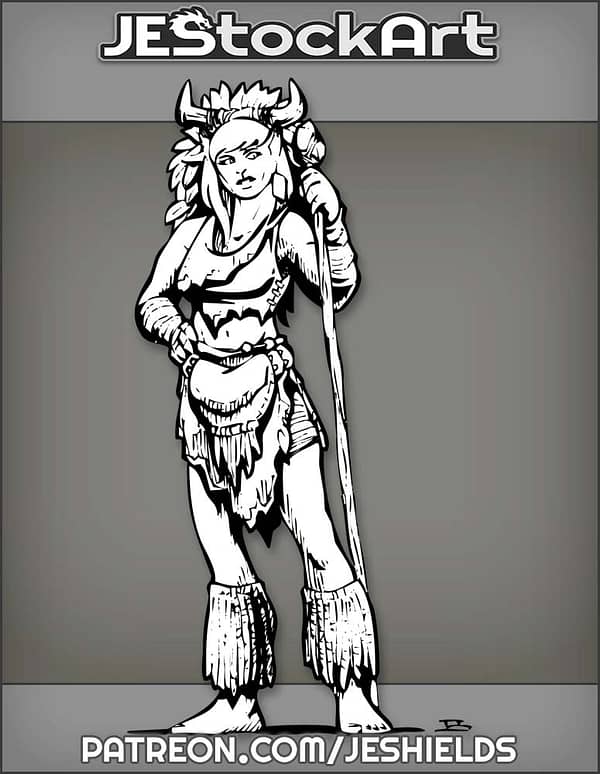 Female Druid Feline Humanoid With Staff And Horned Headdress by Jeshields