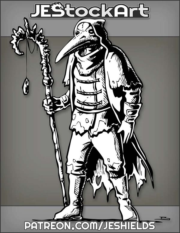 Plague Doctor In Tattered Jacket With Bony Curved Shaman Stick by Jeshields