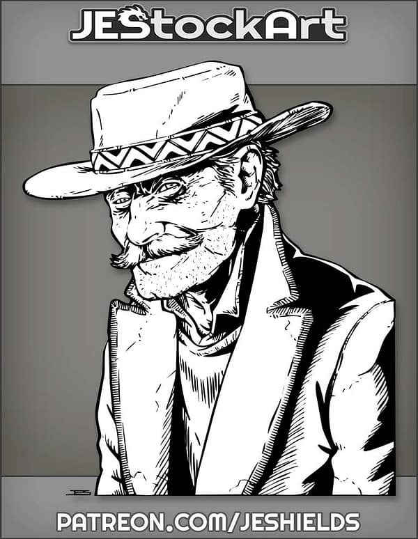 Mustached Cowboy With Weathered Jacket And Striped Hat by Jeshields